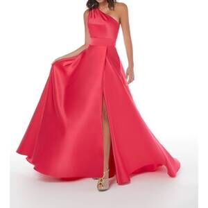 NEW HOUSE OF WU one shoulder pleated gown in fuchsia